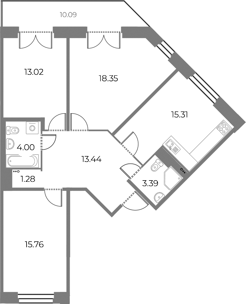 3-комнатная квартира 87.58 м², 10/19 эт., ЖК «Огни Залива»